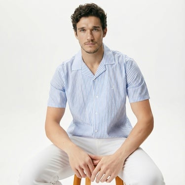  Nautica Erkek Mavi Classic Fit Kısa Kollu Çizgili Gömlek