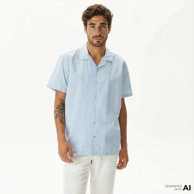  Nautica Erkek Mavi Classic Fit Kısa Kollu Gömlek