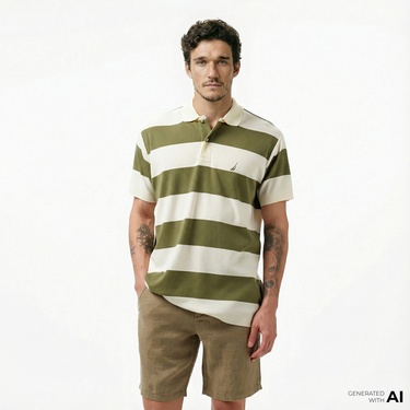  Nautica Erkek Yeşil Classic Fit Kısa Kollu Çizgili Polo Yaka T-Shirt