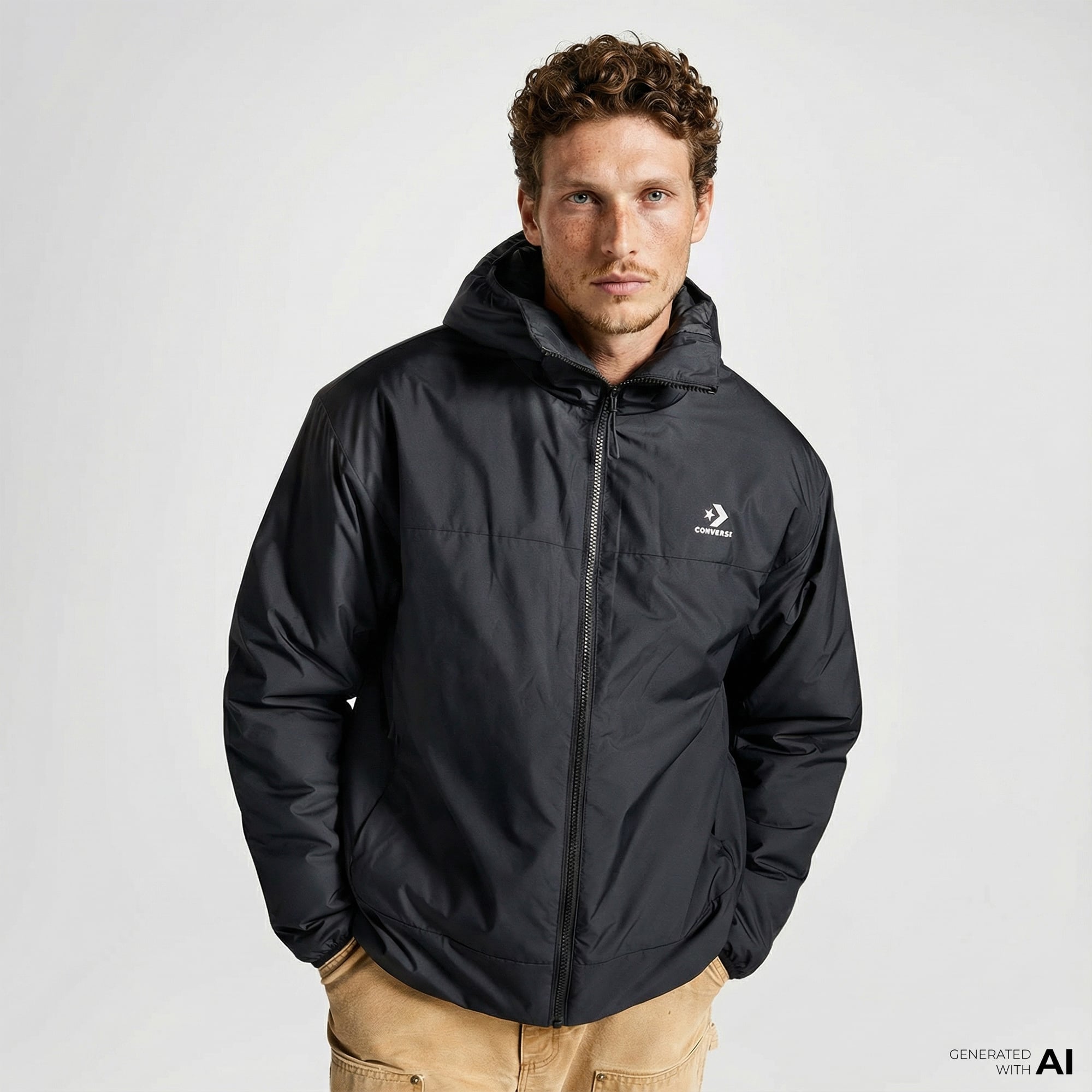  Converse Erkek Kapüşonlu Renk Bloklu Siyah Mont