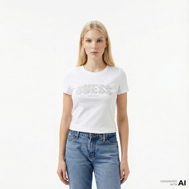  Guess Logo Kadın Beyaz T-Shirt