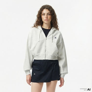  Converse Kadın Baskılı Gri Fermuarlı Hoodie