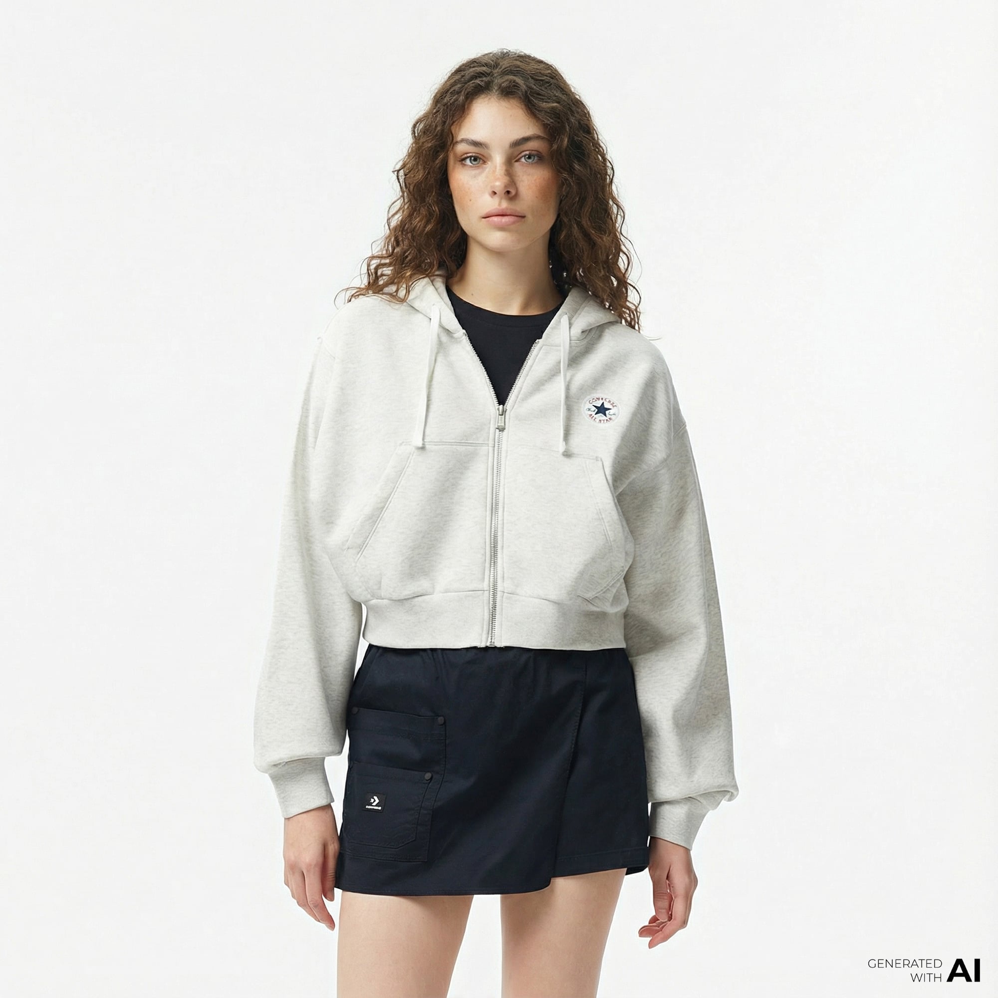  Converse Kadın Baskılı Gri Fermuarlı Hoodie