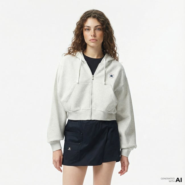  Converse Kadın Baskılı Gri Fermuarlı Hoodie