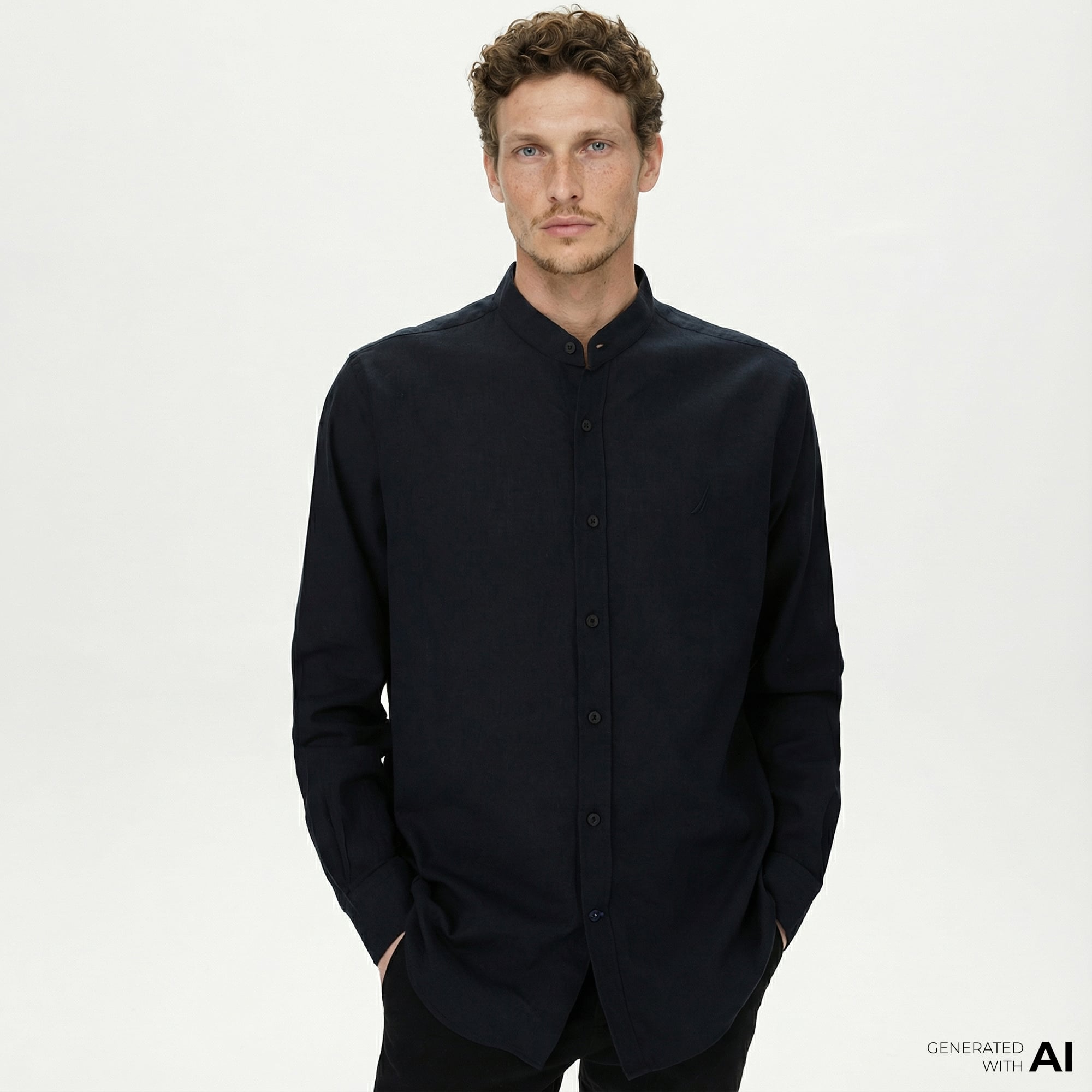  Nautica Erkek Siyah Classic Fit Keten Gömlek