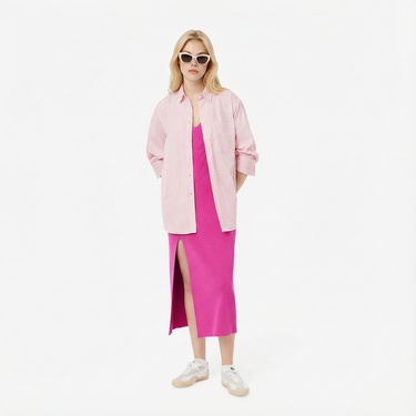  Lacoste Kadın Oversize Fit Çizgili Pembe Gömlek