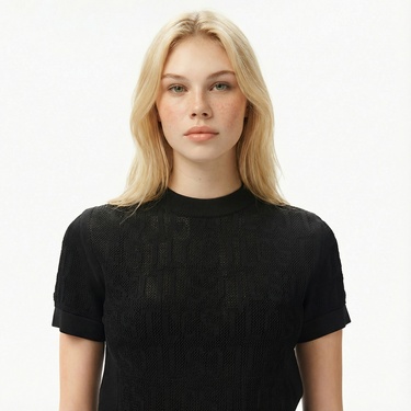  Lacoste Kadın Kısa Kollu Bisiklet Yaka Desenli Siyah Triko