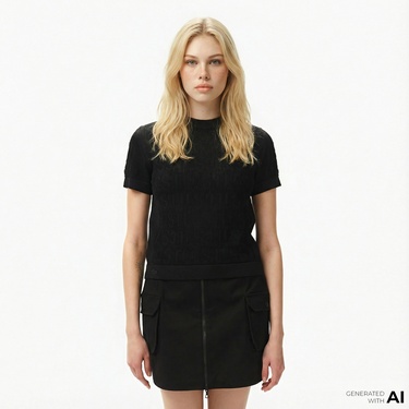  Lacoste Kadın Kısa Kollu Bisiklet Yaka Desenli Siyah Triko