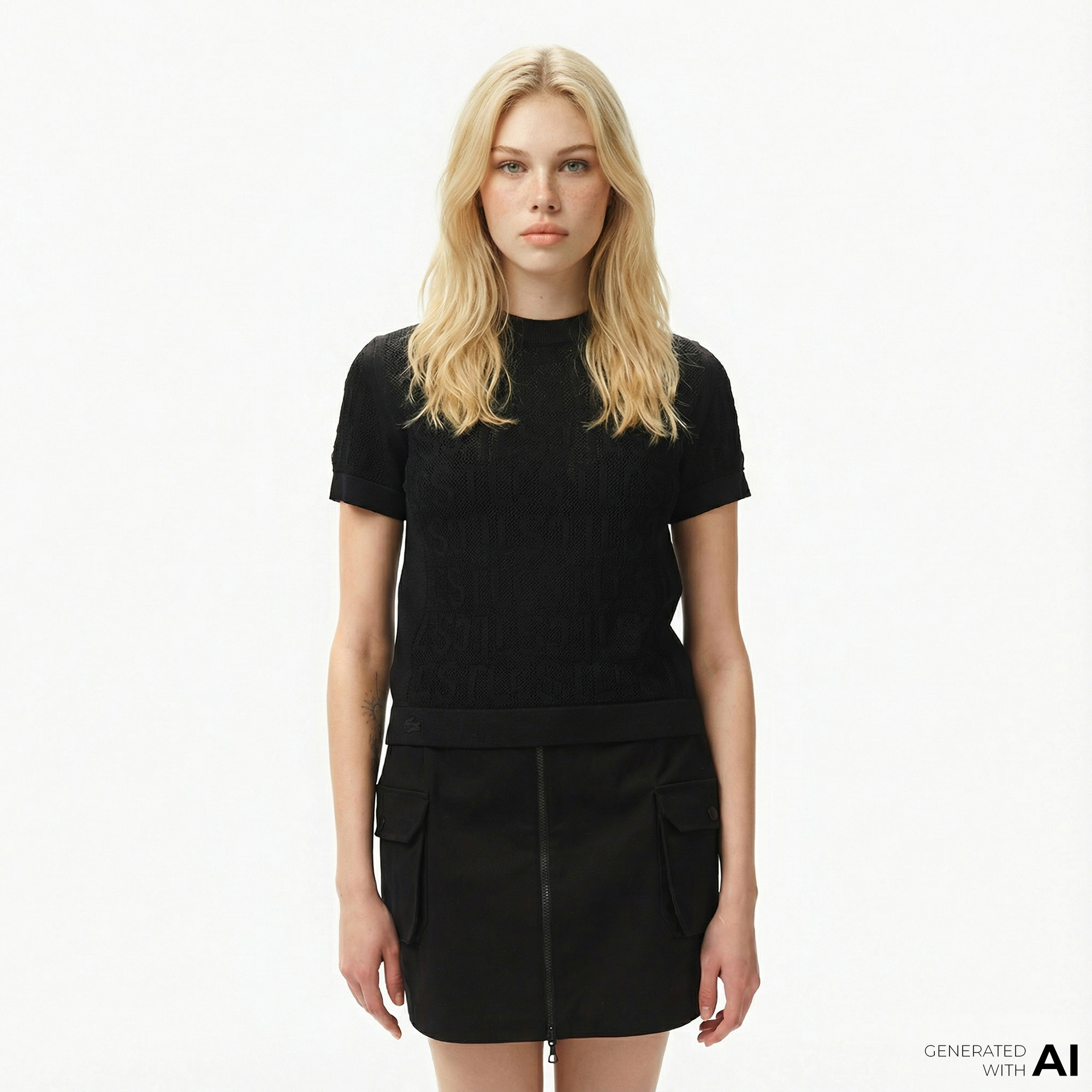  Lacoste Kadın Kısa Kollu Bisiklet Yaka Desenli Siyah Triko