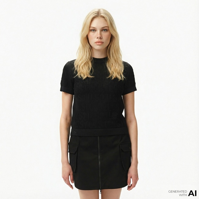  Lacoste Kadın Kısa Kollu Bisiklet Yaka Desenli Siyah Triko