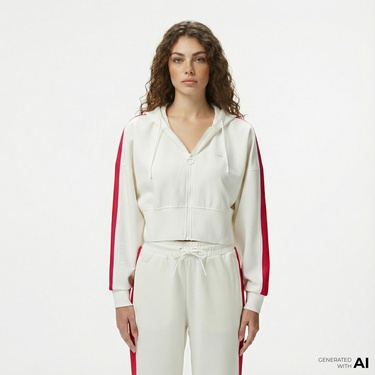  Lacoste Kadın Crop Fit Fermuarlı Renk Bloklu Beyaz Sweatshirt