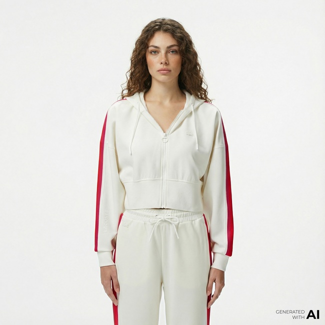  Lacoste Kadın Crop Fit Fermuarlı Renk Bloklu Beyaz Sweatshirt