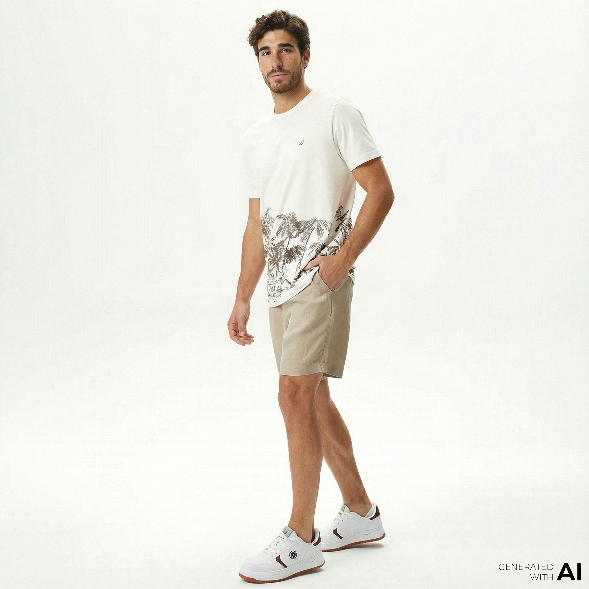  Nautica Erkek Bej Classic Fit Keten Bermuda