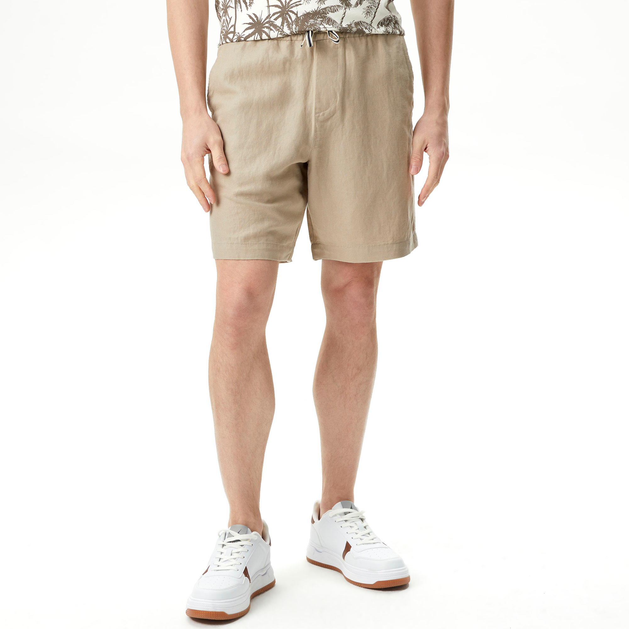  Nautica Erkek Bej Classic Fit Keten Bermuda