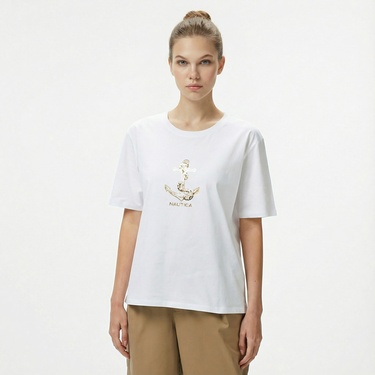  Nautica Kadın Beyaz Regular Fit Nakışlı T-Shirt