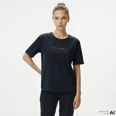  Nautica Kadın Siyah Regular Fit Baskılı T-Shirt
