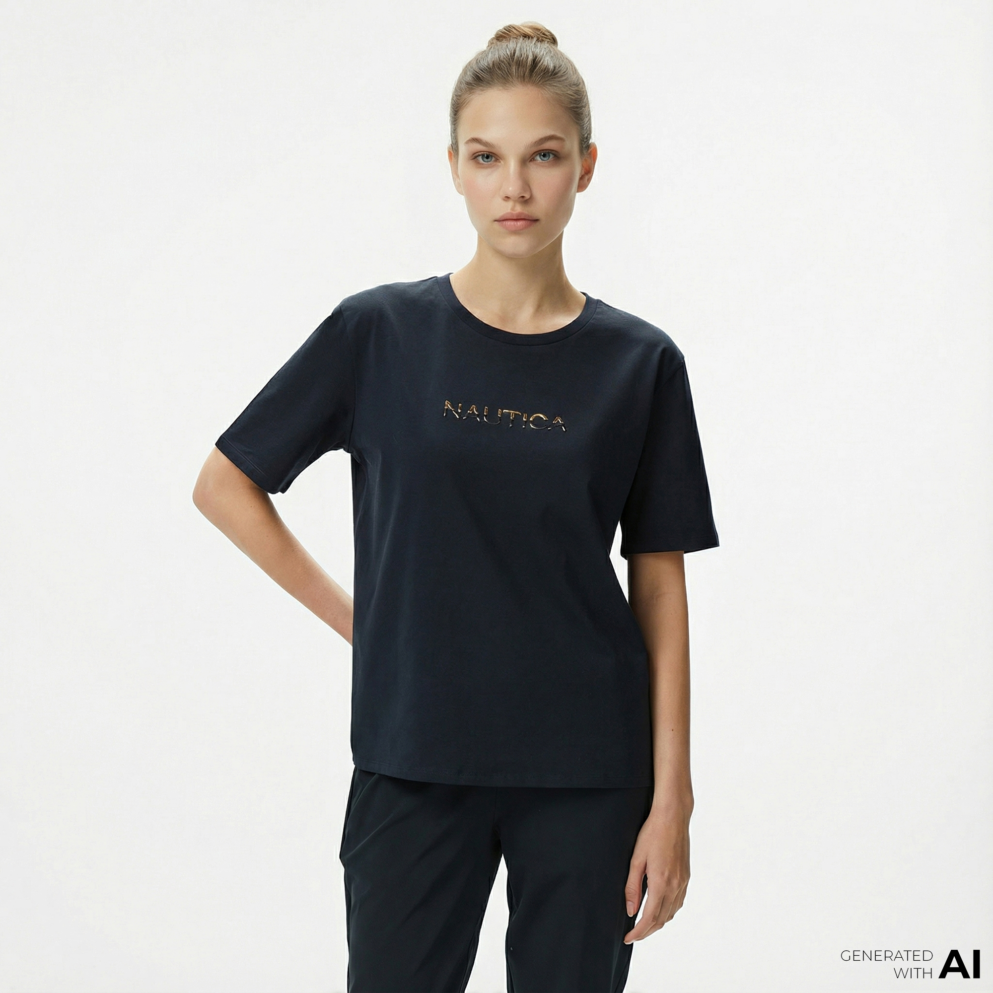  Nautica Kadın Siyah Regular Fit Baskılı T-Shirt