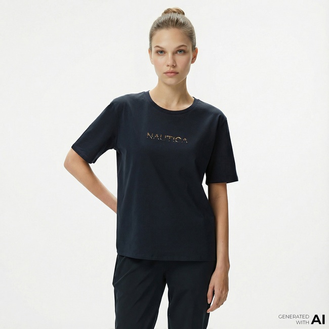  Nautica Kadın Siyah Regular Fit Baskılı T-Shirt