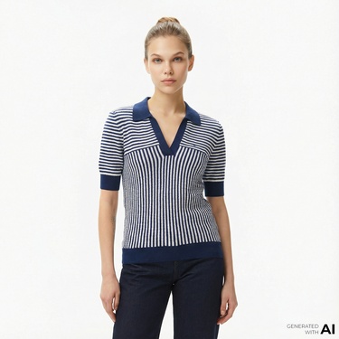  Nautica Kadın Lacivert Regular Fit Çizgili Triko