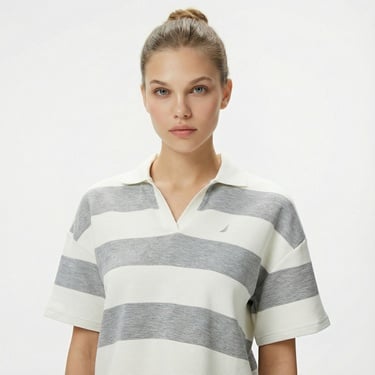  Nautica Kadın Gri Regular Fit Çizgili Polo Yaka T-Shirt