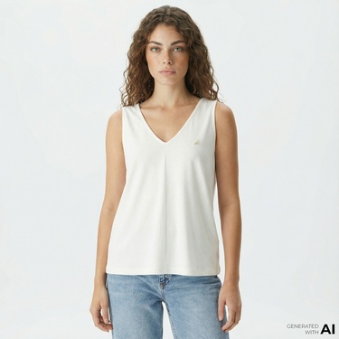  Nautica Kadın Beyaz Relaxed Fit V Yaka T-Shirt