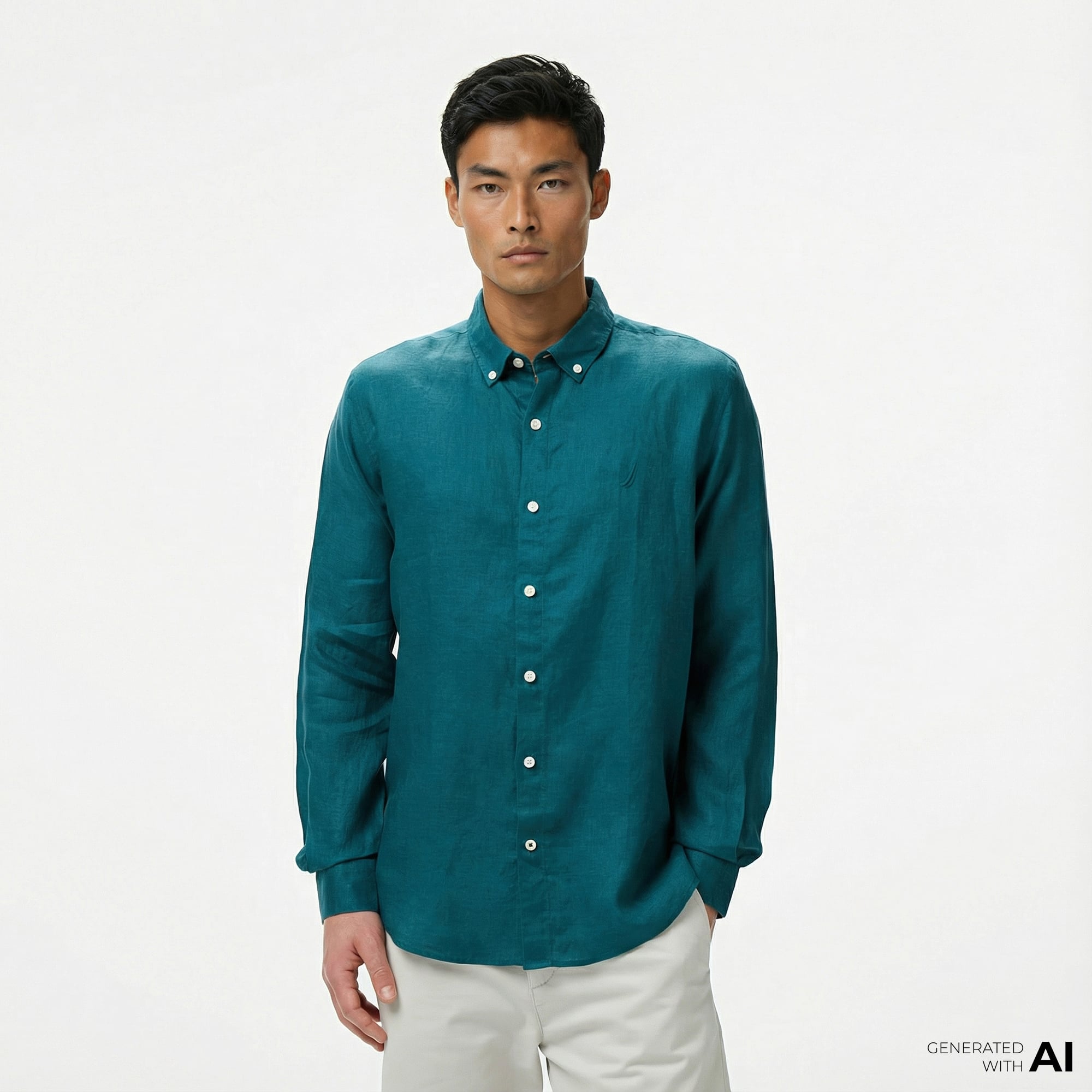  Nautica Erkek Yeşil Classic Fit Keten Gömlek