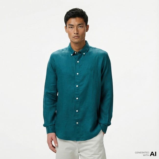  Nautica Erkek Yeşil Classic Fit Keten Gömlek