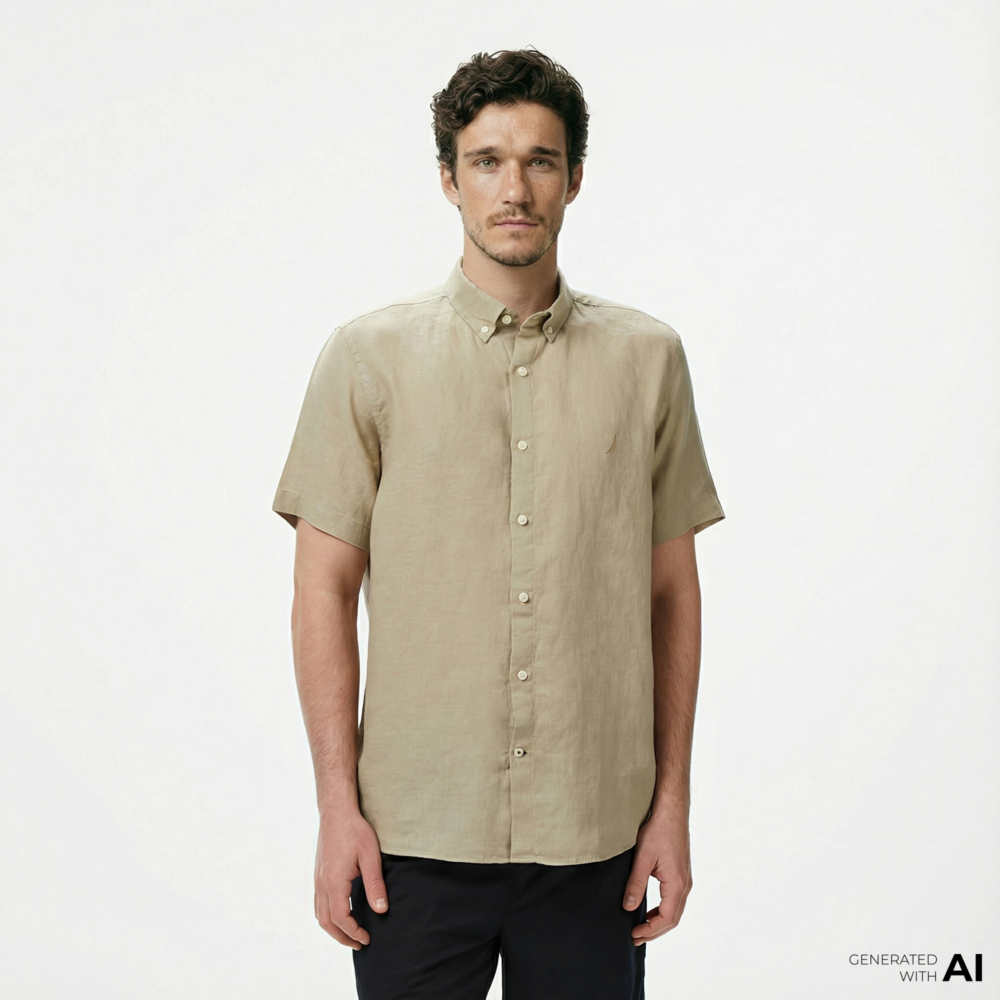  Nautica Erkek Bej Classic Fit Keten Gömlek