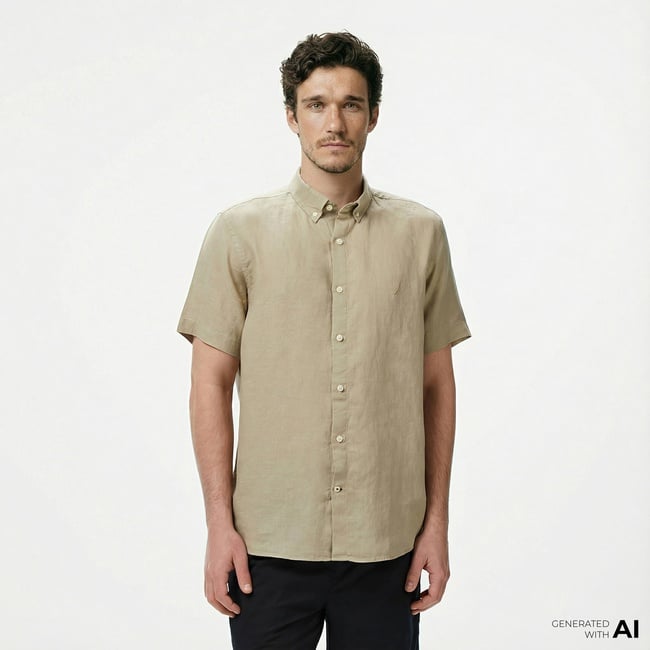  Nautica Erkek Bej Classic Fit Keten Gömlek