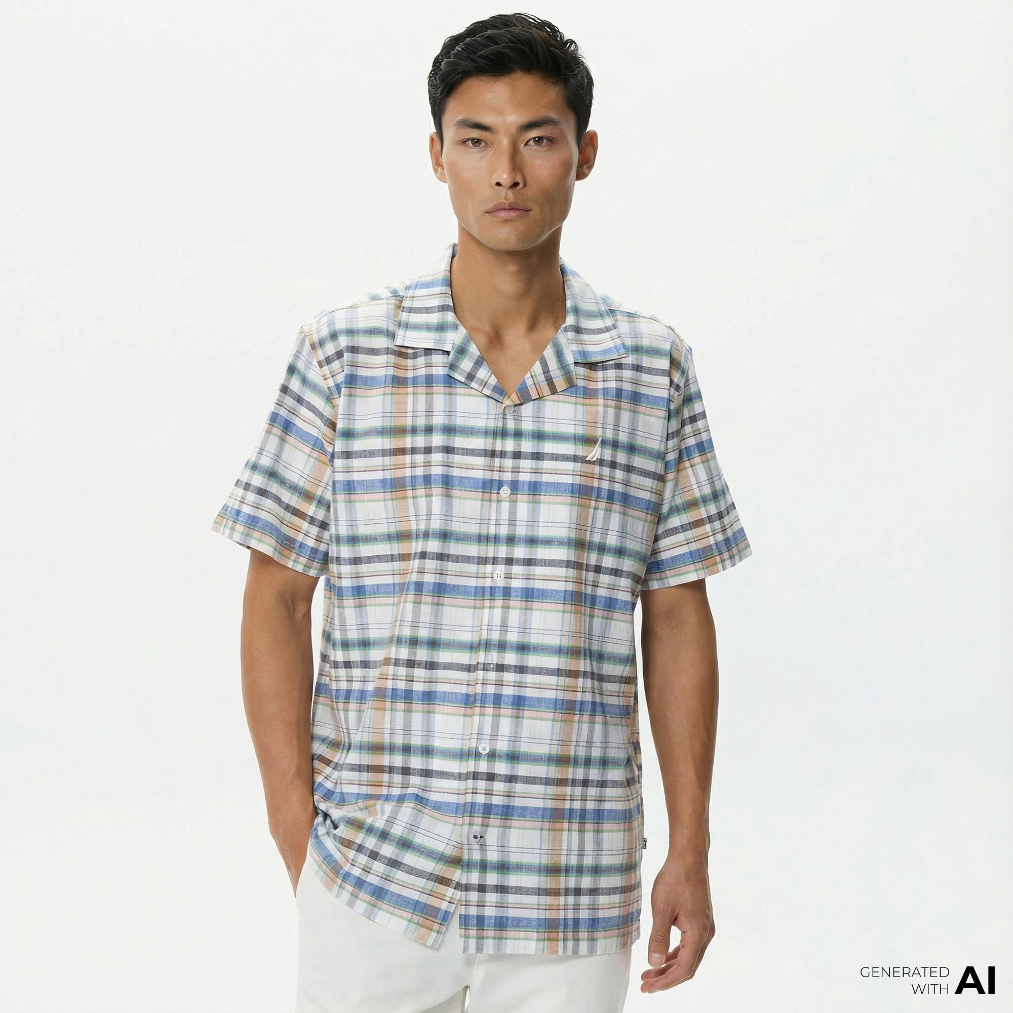  Nautica Erkek Krem Rengi Classic Fit Kısa Kollu Keten Gömlek