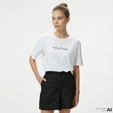  Nautica Kadın Beyaz Regular Fit Baskılı T-Shirt