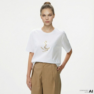  Nautica Kadın Beyaz Regular Fit Nakışlı T-Shirt