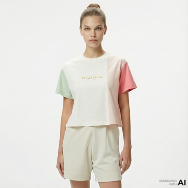  Nautica Kadın Pembe Regular Fit Renk Bloklu T-Shirt