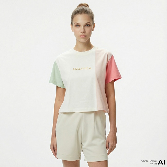  Nautica Kadın Pembe Regular Fit Renk Bloklu T-Shirt