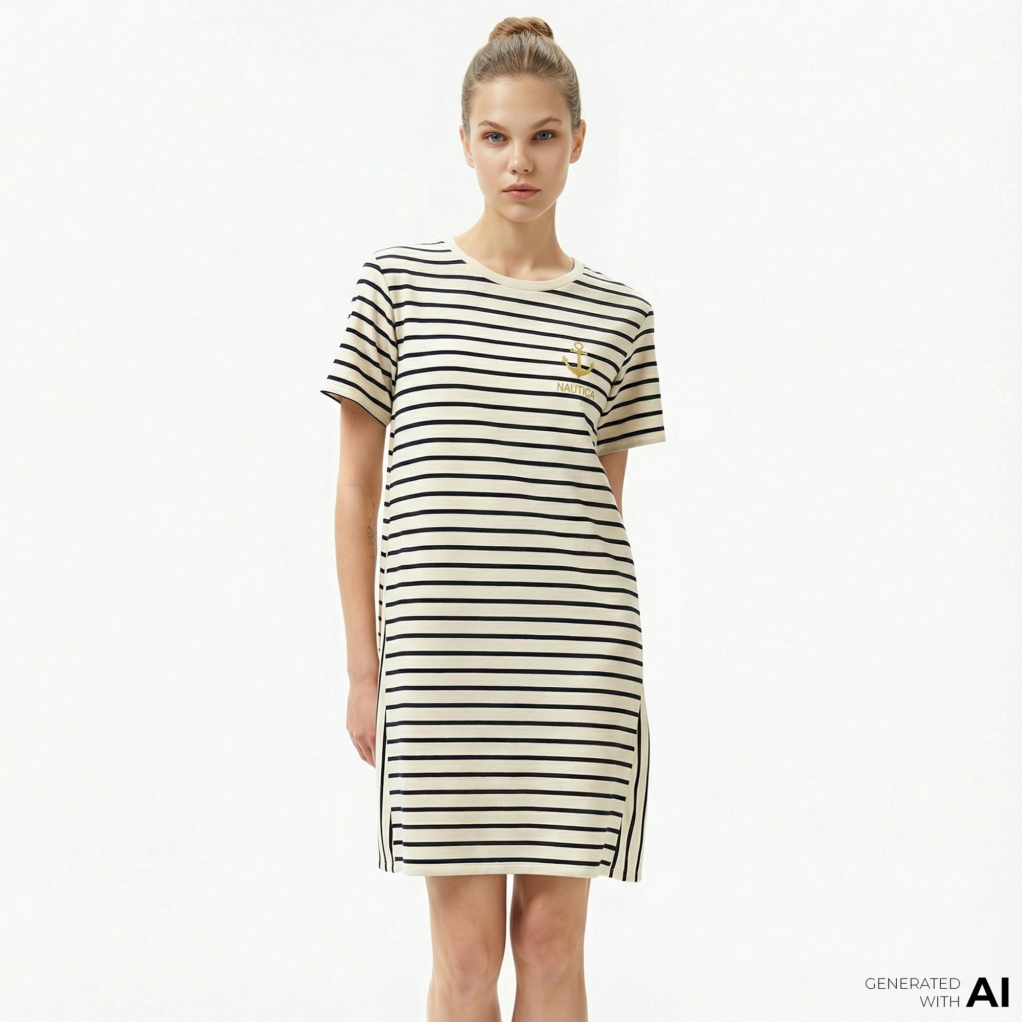  Nautica Kadın Krem Rengi Regular Fit Çizgili Elbise