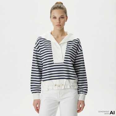  Nautica Kadın Lacivert Relaxed Fit Dik Yaka Çizgili Sweatshirt