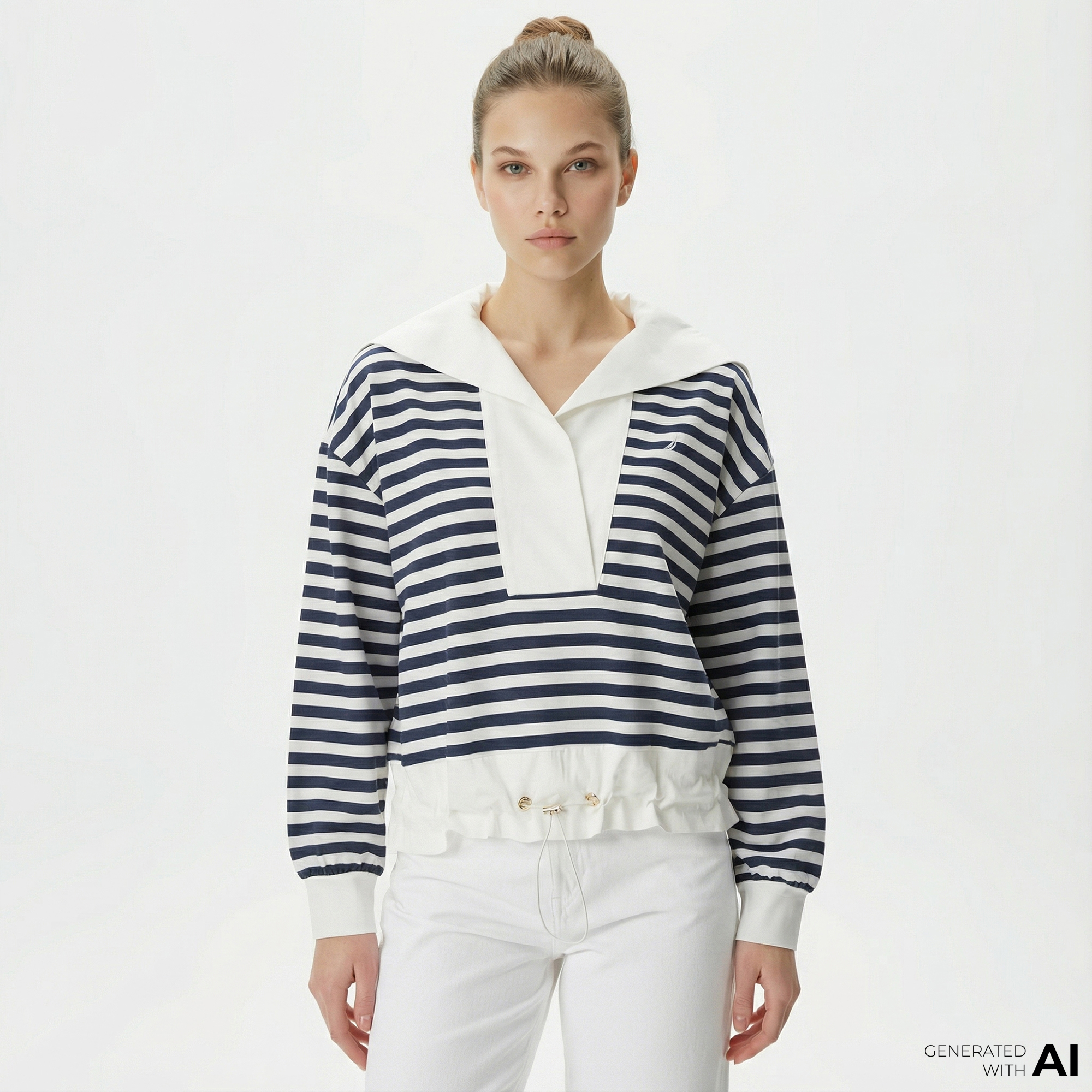  Nautica Kadın Lacivert Relaxed Fit Dik Yaka Çizgili Sweatshirt