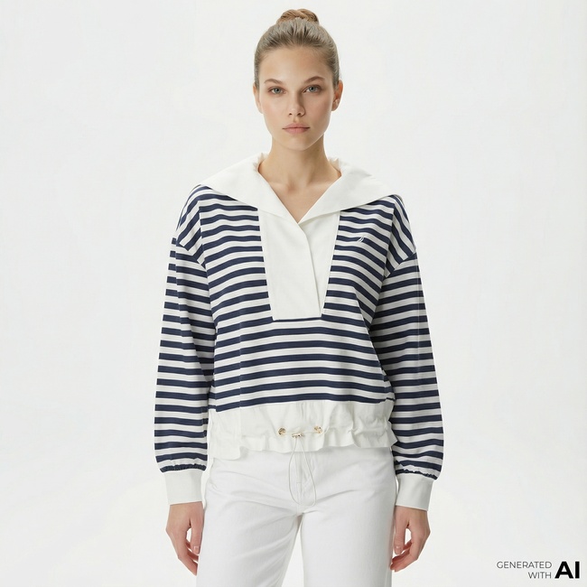  Nautica Kadın Lacivert Relaxed Fit Dik Yaka Çizgili Sweatshirt