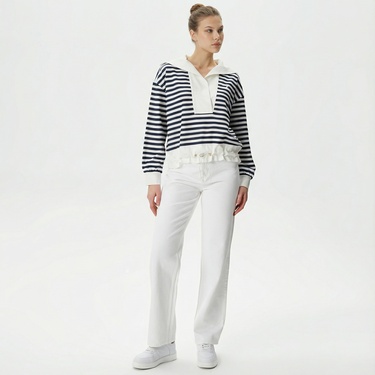  Nautica Kadın Lacivert Relaxed Fit Dik Yaka Çizgili Sweatshirt