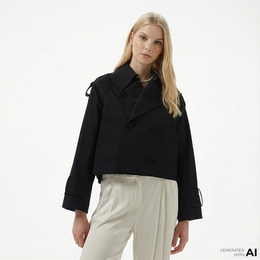  Brooks Brothers Robası Metal Logo Detaylı Kruvaze Kısa Kadın Siyah Trençkot