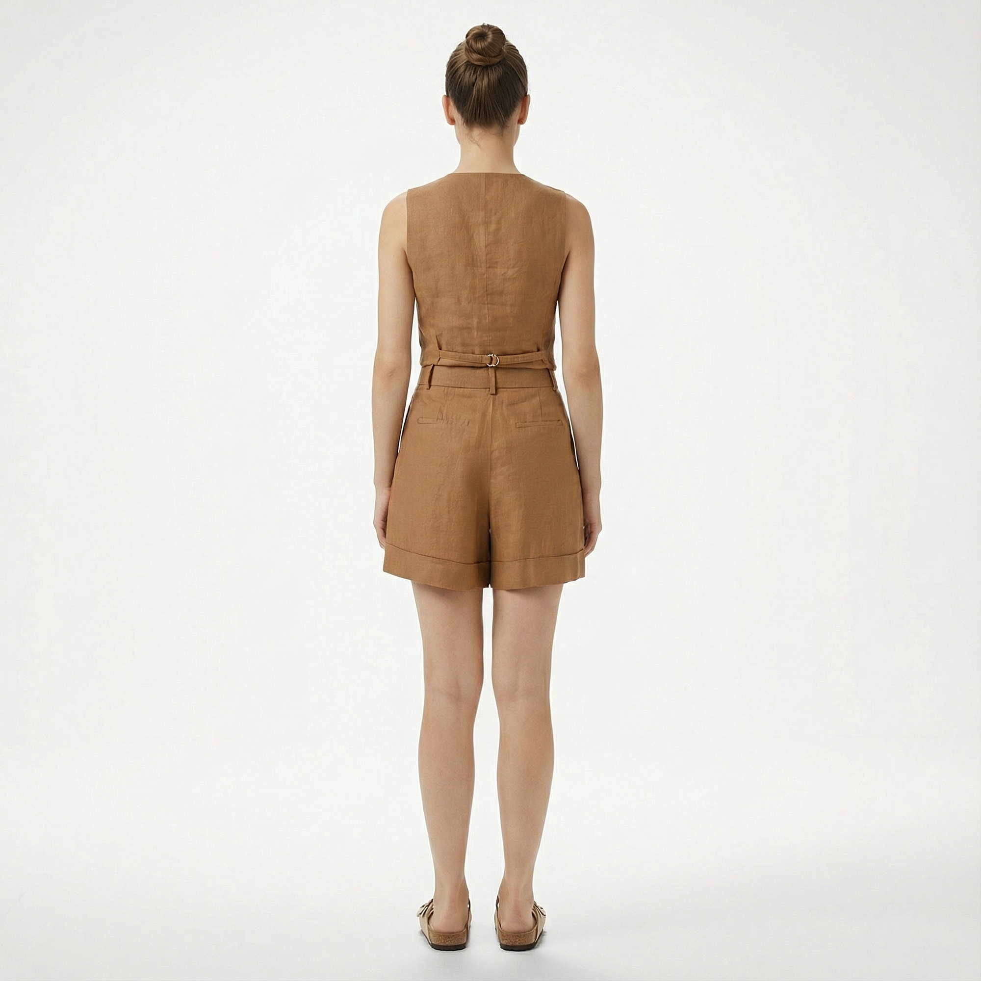 Brooks Brothers Metal Logolu Duble Paça Pileli Keten Kadın Kahverengi Şort