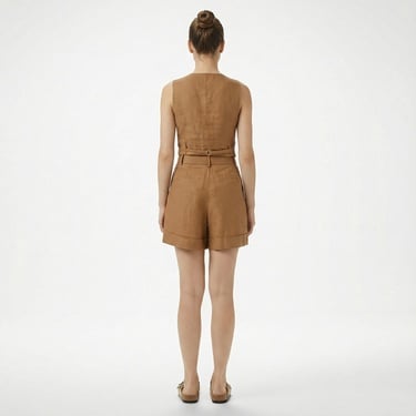  Brooks Brothers Metal Logolu Duble Paça Pileli Keten Kadın Kahverengi Şort