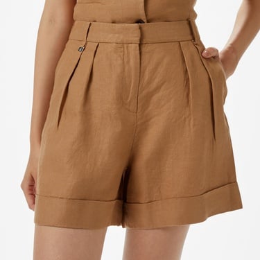  Brooks Brothers Metal Logolu Duble Paça Pileli Keten Kadın Kahverengi Şort