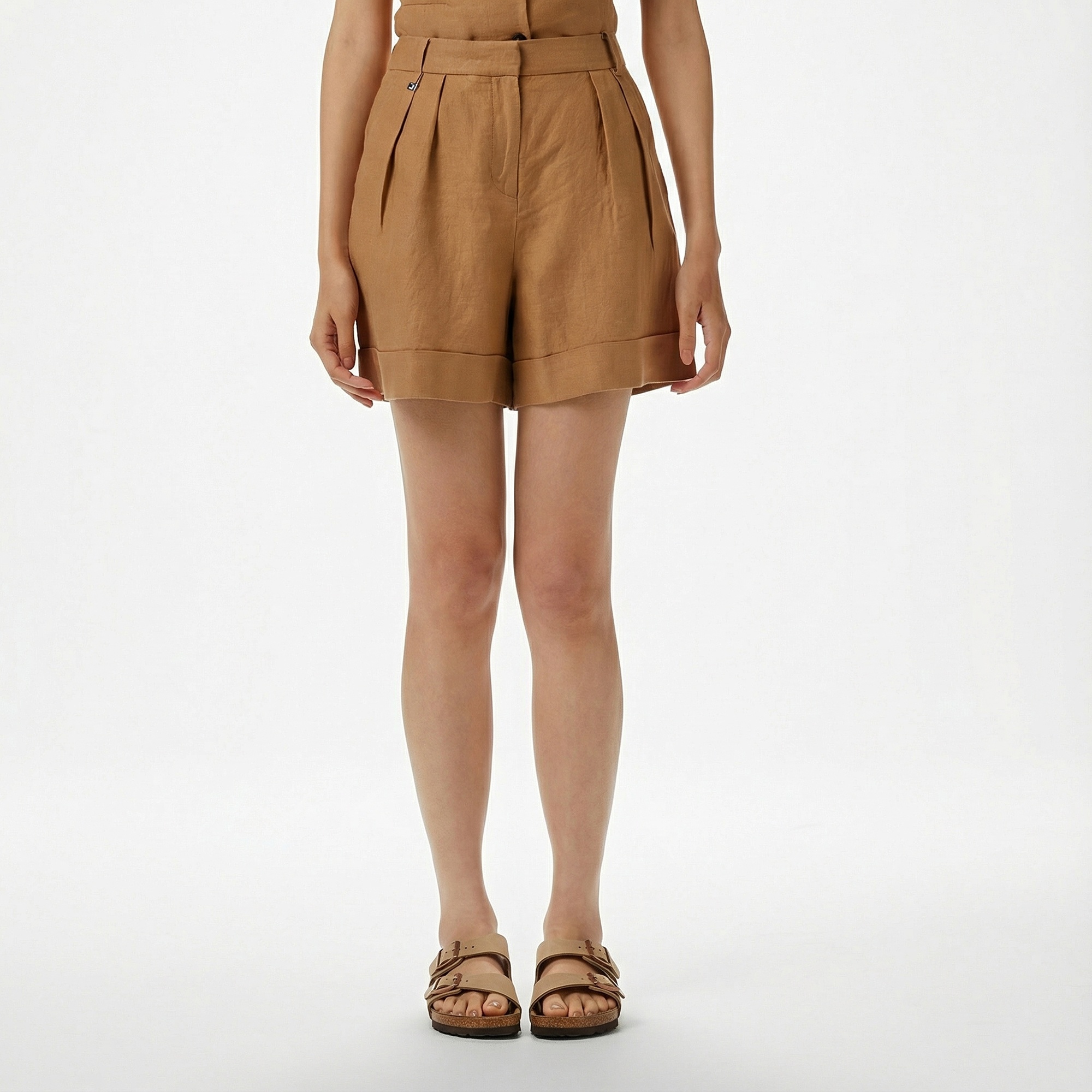 Brooks Brothers Metal Logolu Duble Paça Pileli Keten Kadın Kahverengi Şort