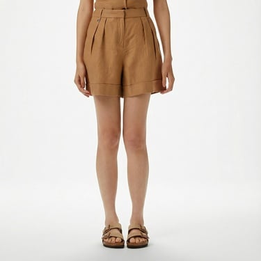 Brooks Brothers Metal Logolu Duble Paça Pileli Keten Kadın Kahverengi Şort