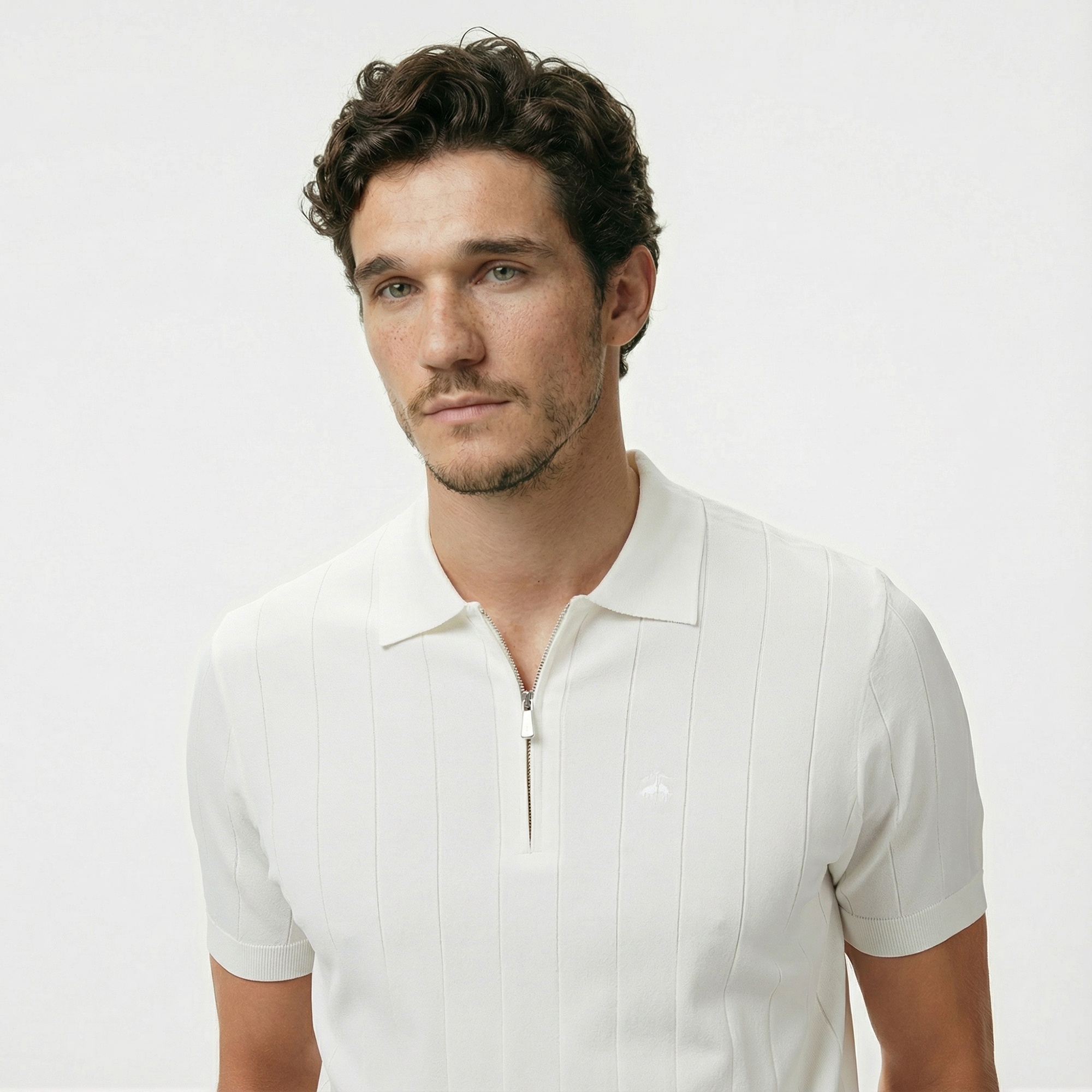 Brooks Brothers Polo Yaka Nervürlü Rayon Kısa Kol Erkek Beyaz Kazak