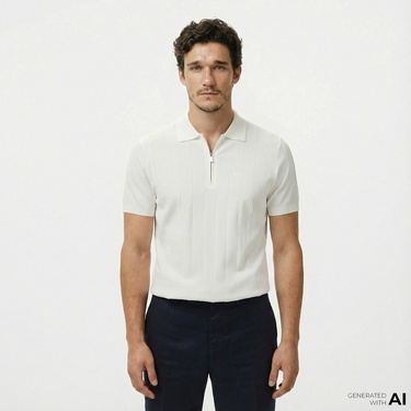  Brooks Brothers Polo Yaka Nervürlü Rayon Kısa Kol Erkek Beyaz Kazak