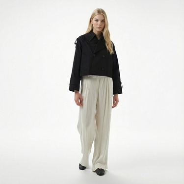  Brooks Brothers Robası Metal Logo Detaylı Kruvaze Kısa Kadın Siyah Trençkot