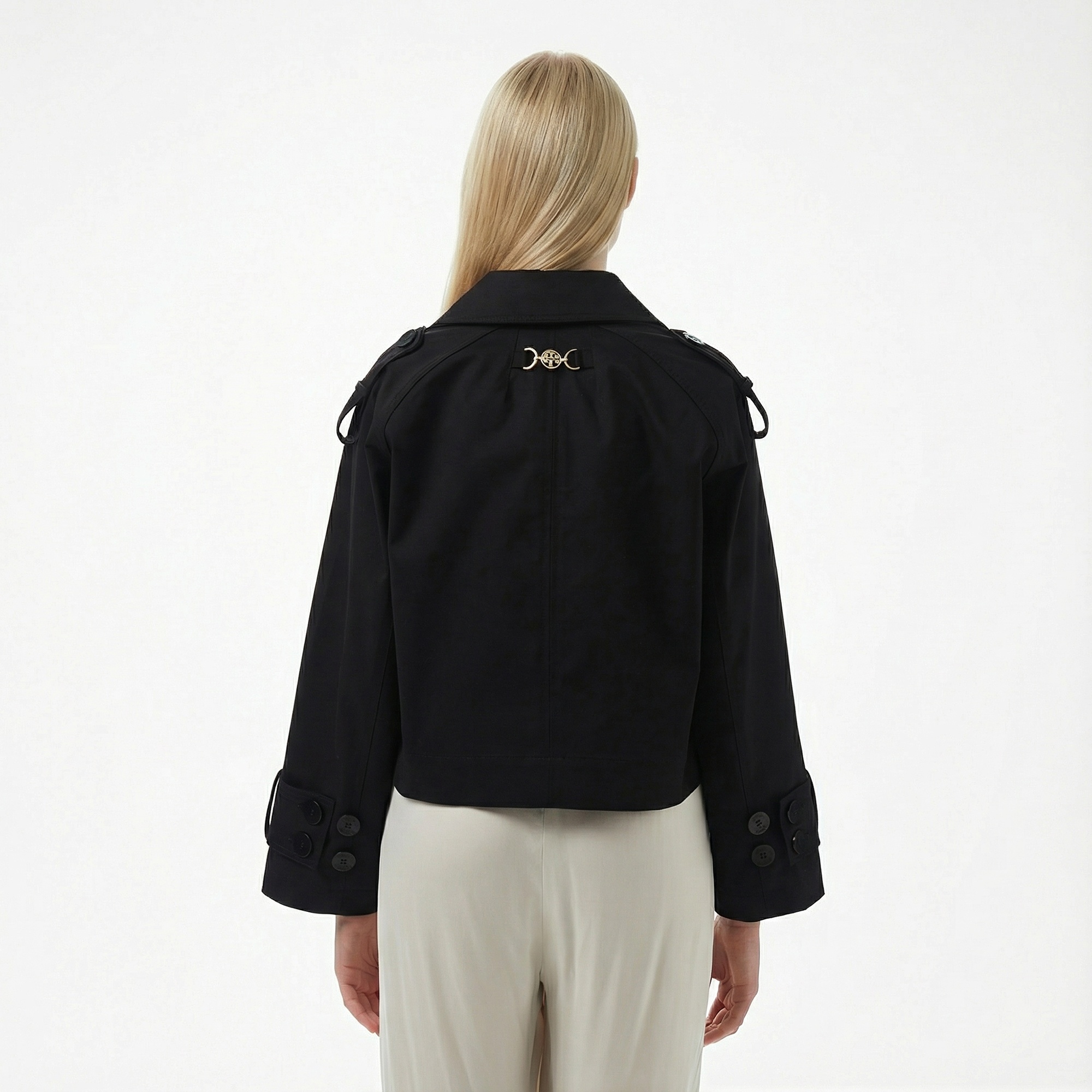 Brooks Brothers Robası Metal Logo Detaylı Kruvaze Kısa Kadın Siyah Trençkot