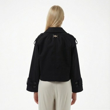  Brooks Brothers Robası Metal Logo Detaylı Kruvaze Kısa Kadın Siyah Trençkot